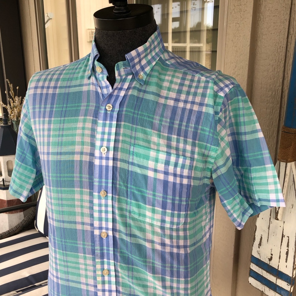 VINEYARD VINES Men’s Blue & Green Plaid Madras ‘Murray’ Short Sleeve Shirt - SML